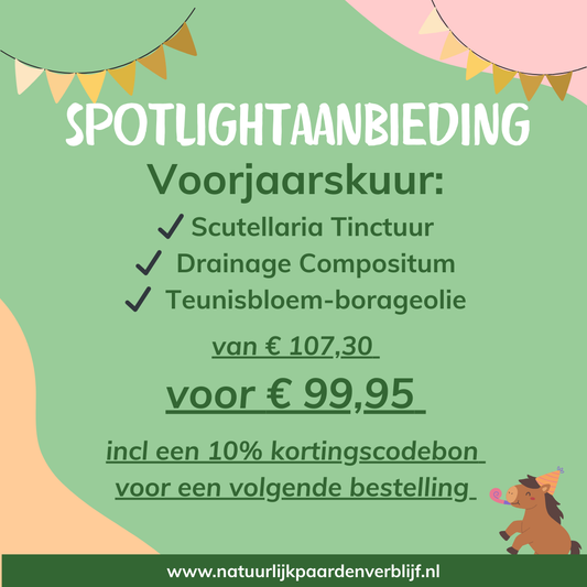 Voorjaarskuur met Scutellaria Tinctuur, Borageolie en Drainage Compositum van De Groene Os, natuurlijke kuur voor het bevorderen van de spijsvertering en het ondersteunen van het immuunsysteem van paarden.